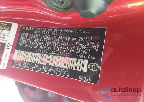 2012 Toyota Camry Se from USA, damaged, VIN 4T1BF1FK3CU548511